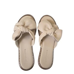 Women's Neutral Cream Bow Slide Featurimg Silver Beading Sandals Size 6.5